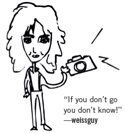 A cartoon of a woman holding a camera.